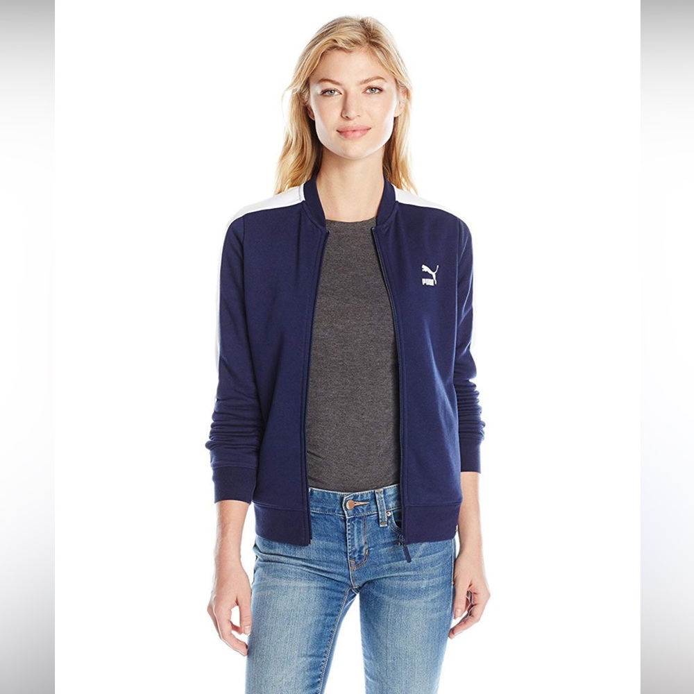 NWT Puma Blue & White Tricot Racing Stripe Logo Zip Front Track Jacket Size XL